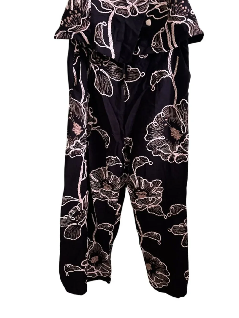 Zara Floral Embroidered Jumpsuit Black Ecru Wide Leg Linen Blend Small Summer